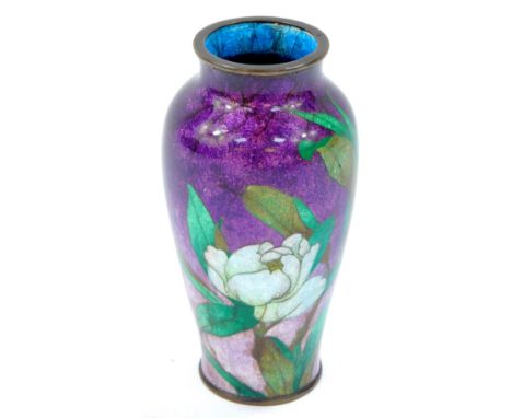 A Japanese silver wire champleve enamel vase, of shouldered tapering form, decorated with peonies against a purple to lilac g