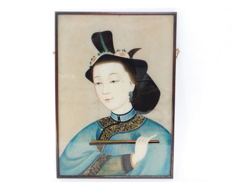 A Qing Dynasty 19thC reverse painting on glass, half length portrait of a lady holding a closed fan, 50cm H, 35cm W.