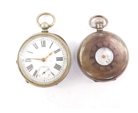 A George V silver half hunter pocket watch, keyless wind, enamel dial bearing Roman numerals, subsidiary seconds dial, Buren 