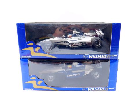 Two Mini Champs die cast models of Formula 1 racing cars, scale 1:18, comprising FW22 BMW Jenson Button, and Williams SF BMW 