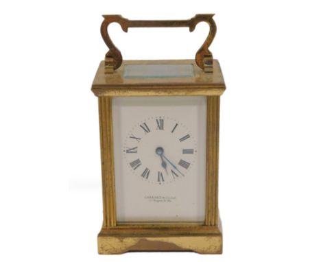 A brass cased carriage clock for Garrard &amp; Company Limited, 112 Regent St, London W1, rectangular dial bearing Roman nume