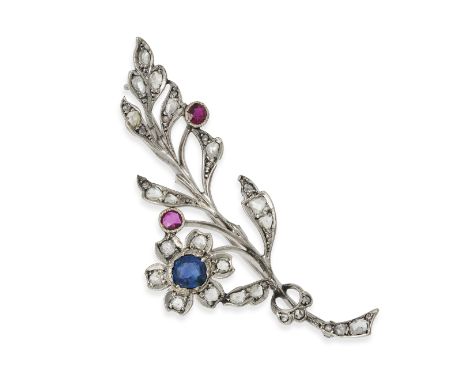 AN ANTIQUE DIAMOND, RUBY AND SAPPHIRE SPRAY BROOCH set with a round cut sapphire of approximately 0.89 carats, two round cut 