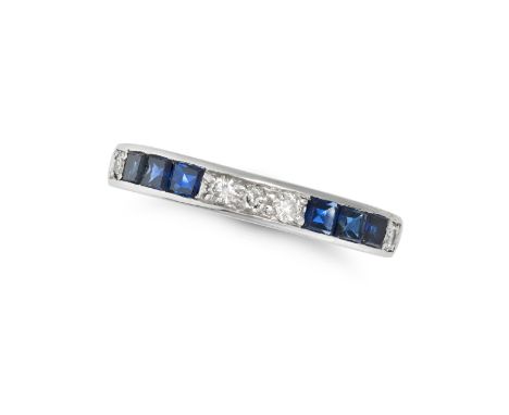 A SAPPHIRE AND DIAMOND HALF ETERNITY RING in 18ct white gold, set with square step cut sapphires and round brilliant cut diam