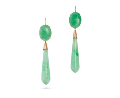 A PAIR OF JADEITE JADE DROP EARRINGS in yellow gold, each set with a cabochon jadeite jade, suspending a polished jadeite jad