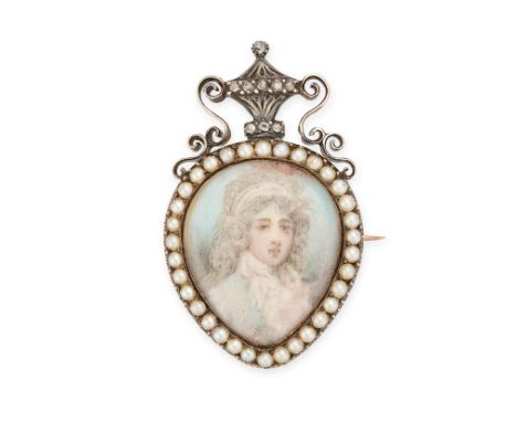 AN ANTIQUE GEORGIAN PEARL AND DIAMOND PORTRAIT MINIATURE BROOCH in yellow gold, set with a painted miniature of a young gentl