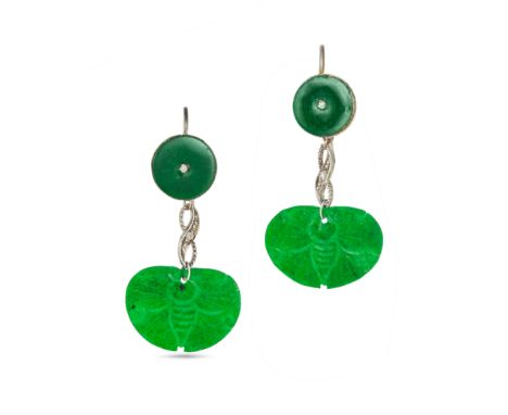 A PAIR OF JADEITE JADE AND DIAMOND DROP EARRINGS each comprising a jadeite jade disc set with a rose cut diamond, suspending 