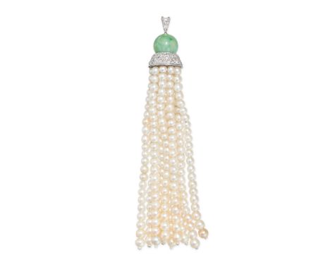 A NATURAL SALTWATER PEARL, JADEITE JADE AND DIAMOND TASSEL PENDANT in platinum and white gold, comprising a jadeite jade bead