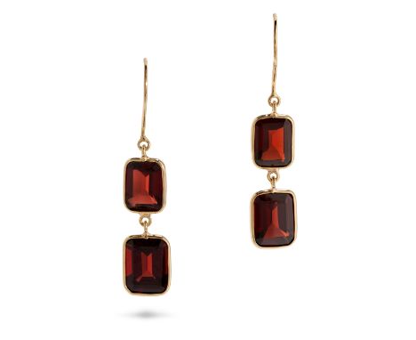 A PAIR OF GARNET DROP EARRINGS in 18ct yellow gold, each comprising a row of octagonal step cut garnets, stamped 18K, 3.8cm, 