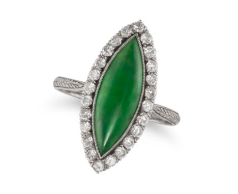 NO RESERVE - AN ART DECO JADEITE JADE AND DIAMOND RING in white gold, set with a navette shaped cabochon jadeite jade in a bo