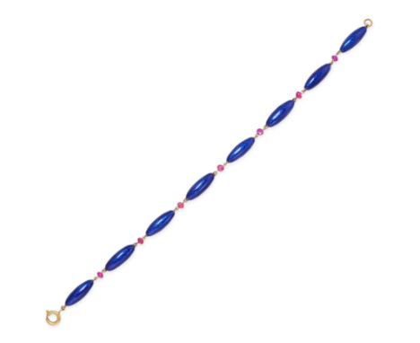 AN ENAMEL AND RUBY BRACELET in 14ct yellow gold, comprising a row of alternating blue enamel batons and ruby beads, stamped 5