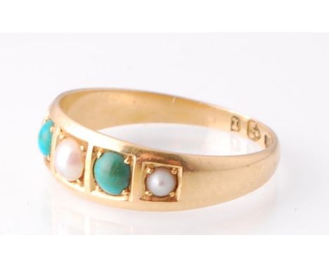 1880 Chester hallmarked Victorian&nbsp; half pearl and turquoise 18ct gold ring. The ring with tapering shoulders having turq
