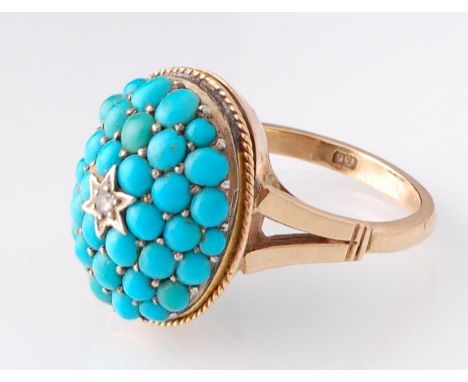 A 19th century Victorian 9ct gold and silver turquoise and diamond bombe ring. The ring having pave set turquoise cabochon in
