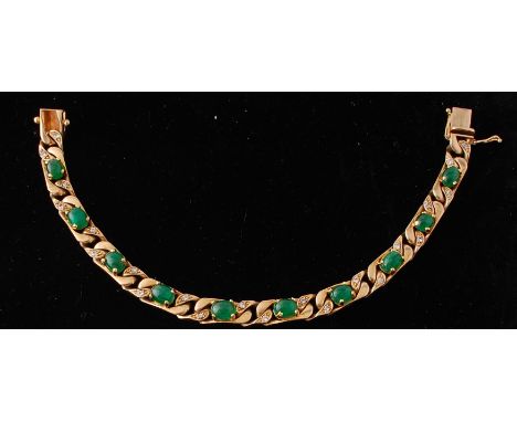 An Italian Chiampeson 9ct gold / 375 hallmarked curb linked emerald cabochon and diamond bracelet chain. London import marks 