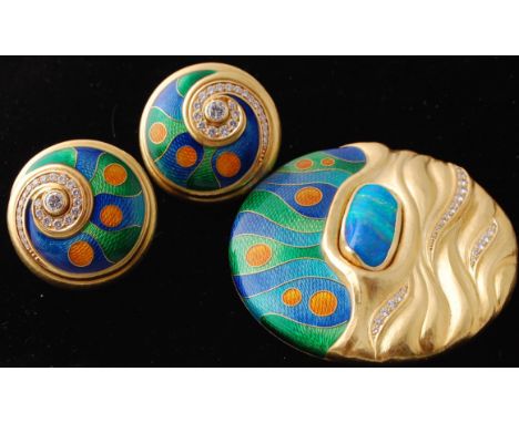 A De Vroomen 18ct gold opal, diamond &amp; cloisonné enamel brooch pin and earclip suite. The brooch and earclips featuring r