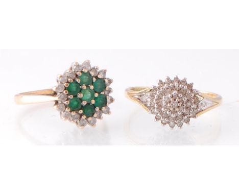 A 9ct gold London hallmarked emerald and diamond cluster ring. The seven emeralds within a halo of diamonds. Together with a 