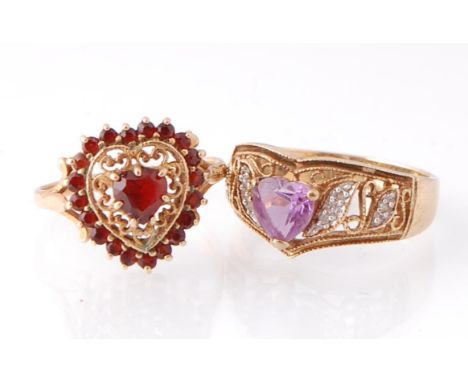 A 9ct gold amethyst and diamond ring with heart shaped amethyst over filigree and diamond shank. Together with another 9ct go