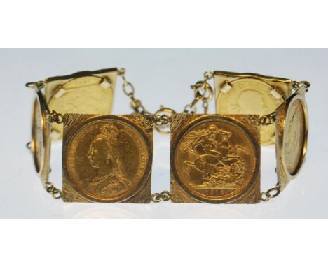 A superb 20th Century ladies / gents 9ct gold and sovereign bracelet having six texturad 9ct gold panels joined by gold links