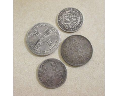 William III crown 1695, F, together with a 1745 half crown Lima, F, and 1817 half crown F or better and an 1890 double florin