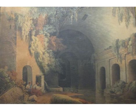 Francis Jukes after R. Fairburn, View of the Fountain of Egeria, Rome, coloured aquatint 1796, verre eglomise mount 42 x 57cm