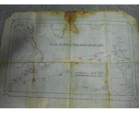 Airship R34. Track of H.M.A. R34 July 2nd - 13th 1919, original folding pen and ink plan of the record breaking Airship's rou