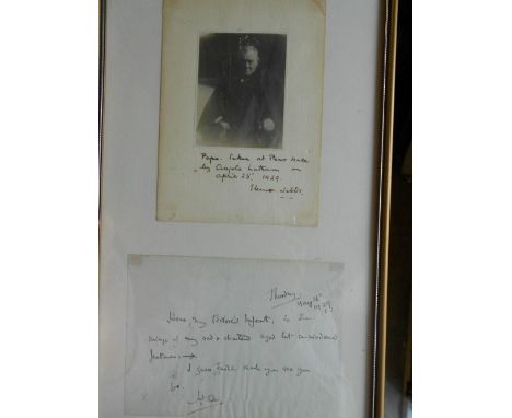 BELLOC (Hillaire) portrait photograph of Belloc, inscribed below by his elder daughter Eleanor Jebb, dated April 25th 1929, w