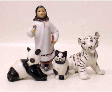 4 Russian ceramic figures, Panda, white Leopard, Cat and Schoolgirl. "Condition report: see terms and conditions"