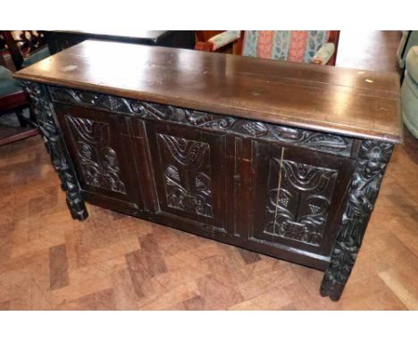 Late Victorian oak coffer, the front panel is purported to hail from Devlacres Abbey, Leek. "Condition report: see terms and 