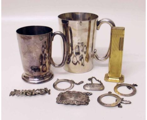 George III silver Madeira label; silver Sherry label; four unmarked/metal labels; Dunhill Tallboy gilt lighter; two EP mugs. 