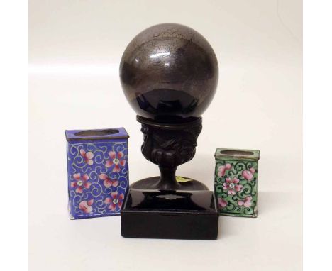 Ebonised p/m snuff box and two enamel match box holders, paperweight and miniature bronze urn. "Condition report: see terms a