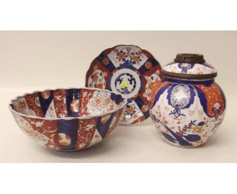 Imari bowl, plate and oil lamp base. "Condition report: see terms and conditions"