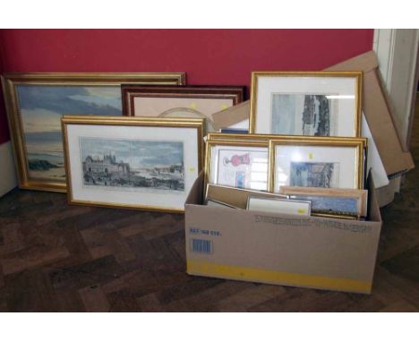 Quantity of various framed prints and paintings to include seascape by A. Duval and numerous engravings of views of Paris (qu