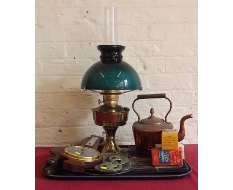 Copper kettle, brass oil lamp, modern barometer, pair of bellors and pewter etc. "Condition report: see terms and conditions"
