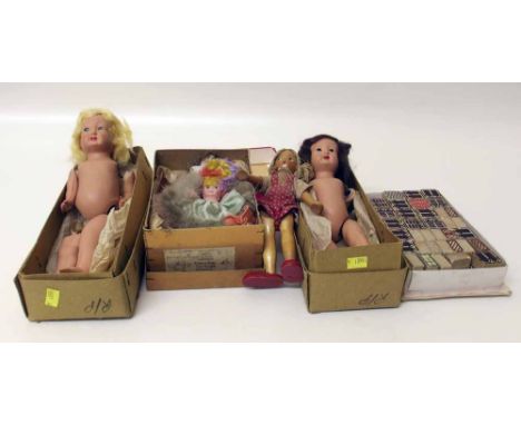Two boxes of china dolls with wigs and closing eyes 1920's, ceramic doulbe jointed doll, three dolls, small wooden doll etc a