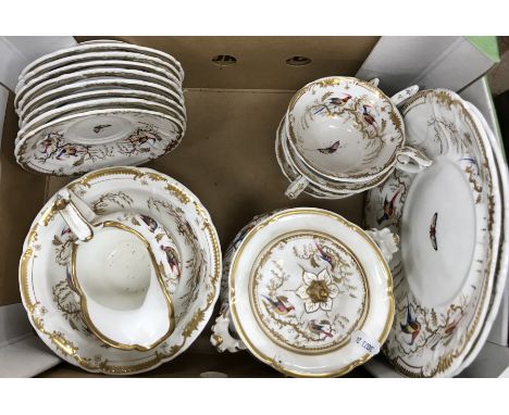 A 19th Century Davenport gilt and exotic bird and butterfly decorated part tea service, comprising lidded twin-handled sucrie