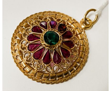 22CT GOLD RUBY &amp; GREEN GEMSTONE VINTAGE PENDANT