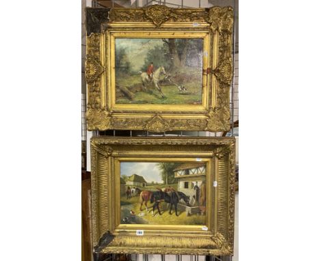 FRAMED OIL ON BOARD OF A HUNTING SCENE BY SANDERSON &amp; A FRAMED COUNTRYSIDE OIL ON BOARD BY D MOORE  - 28 X 38 CMS INNER F