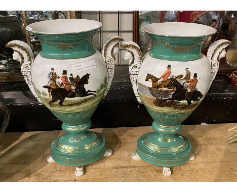 PAIR GREEN PORCELAIN HUNTING SCENE VASES - 39.5 CMS (H) APPROX