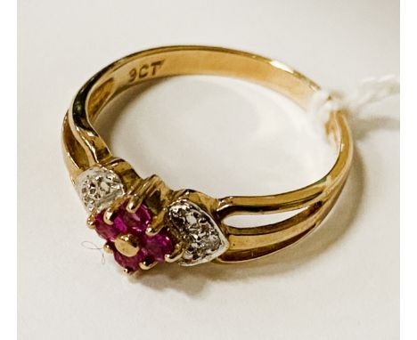 BOXED 9CT GOLD DIAMOND &amp; RUBY RING - SIZE L