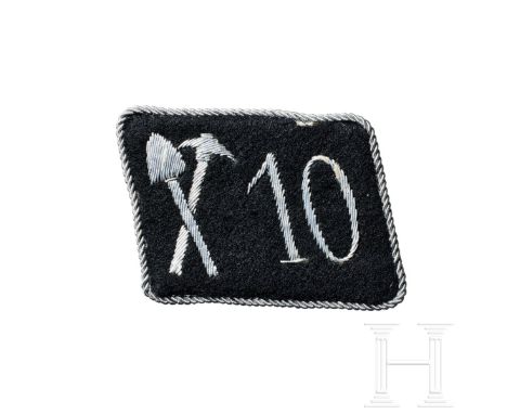 A Right Collar Tab for SS-Pioneer Sturmbann 10 "Breslau" Officer  Black cloth backing, silver-aluminum embroidered numeral "1