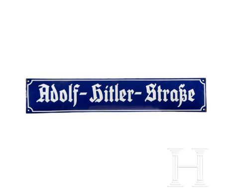 An Adolf-Hitler-Straße Enamel Sign  Enameled rectangular steel sign, obverse in blue, white lettering in relief with white bo