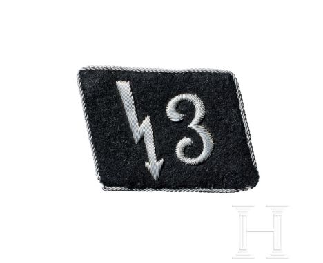 A Single Collar Tab for SS-Nachrichten Sturmbann 3 "Arolsen" Officer  Black cloth backing, right tab with silver-aluminum emb