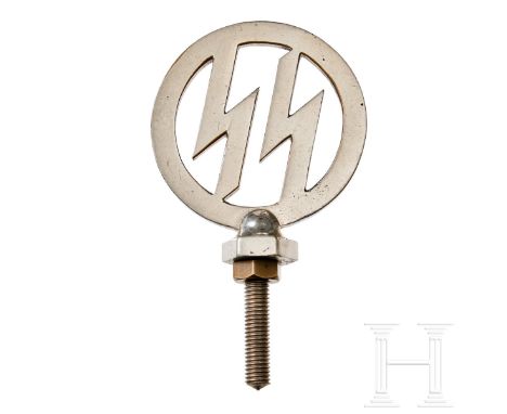 An SS Automobile Fender Top  Chrome plated steel cut-out SS runics set within circle, threaded screw/nut at base for vehicle 