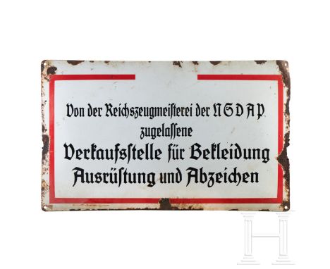 Emailschild einer authorisierten RZM-Verkaufsstelle  Enameled rectangular steel sign, obverse in white, black lettering in re