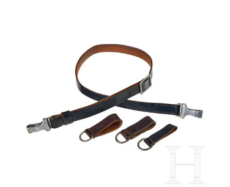 A Cross Strap for SS   Black leather shoulder strap with looped end, stamped with "RZM", "1/36" and "SS", attached to silver 