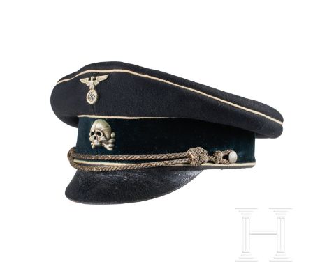 A Visor Cap for Allgemeine SS Officer  Cap body in black wool, black velvet cap band, white piping, silver-wire chin cords wi