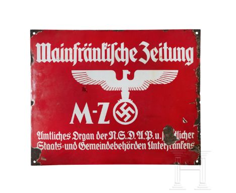 A Main Franconian News Enamel Sign  Enameled rectangular steel sign, obverse in red, white lettering in relief with national 
