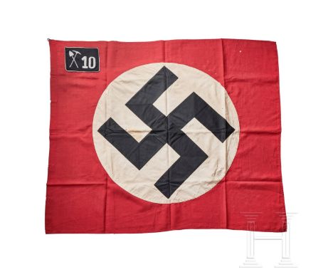 An SS Flag, 10th Pioneer Regiment  Double-sided red cotton flag, hoist edge with tunnel loop and remains of seven cloth ties,