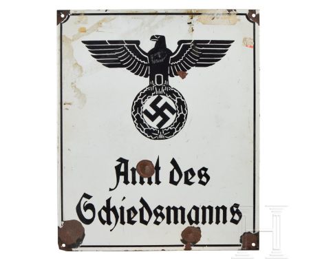 An Arbitrator Office Enamel Sign  Enameled rectangular steel sign, obverse in white, black lettering with national emblem, fo