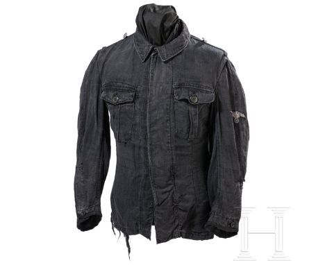 Drillichjacke für Panzer oder Sturmgeschützbesatzungen der Waffen-SS  Kammerstück aus schwarzem Drillich, ungefüttert, mit du