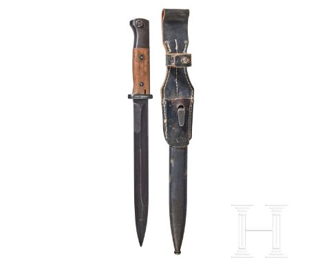 A K98 Combat Bayonet  Blued steel blade, steel fittings, wood grip, blade marked “5978b” and “+4 agv”, scabbard with matching